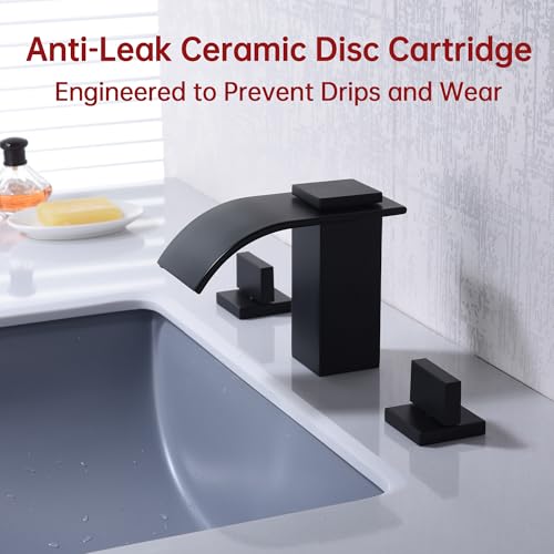 SUMERAIN Matte Black 8 Inch Widespread Waterfall Bathroom Sink Faucet | 3 Hole, 2 Handles, Modern Design, Easy DIY Installation - color: Matte Black
