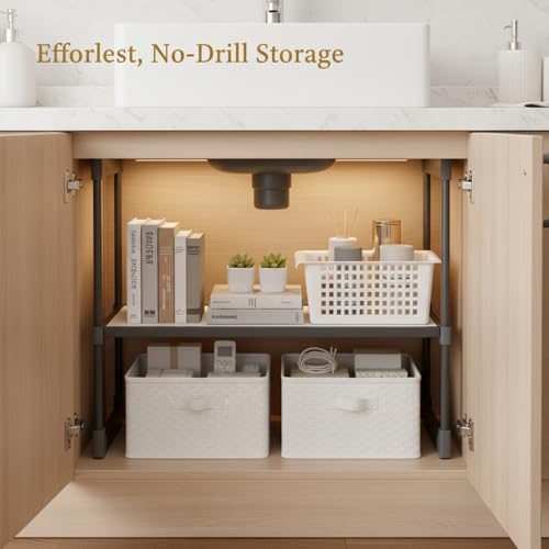 Adjustable Telescopic Cabinet Shelf, Tool-Free Under Sink Organizer Rack, Carbon Steel and PP Plastic Storage Solution for Kitchen and Bathroom - size: 9.84 x 5.71 x 4.53 in