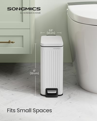 SONGMICS Bathroom Trash Can, 1.6-Gallon (6 L) Trash Bin with Lid, Slim for Small Spaces, Stainless Steel Garbage Can, Soft Close, White ULTB563W02 - color: White, style: 1.6 Gal. & fluted design