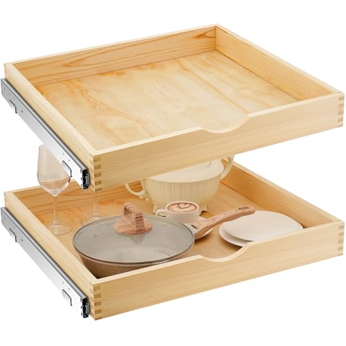 Menkxi 2 Set Wooden Pull out Cabinet Organizer Fully Assembled Slide out Pantry Drawer with Gentle Close Storage Shelf Tray for Base Kitchen Under Sink Bathroom Accessory(Wood Color,24'' X 21'' X 3'') - size: 24'' X 21'' X 3''