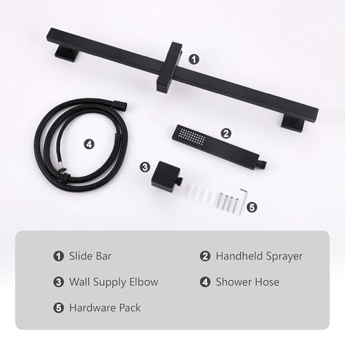 Bathroom Shower Slide Bar with Hand Shower Combo Set, 26.5 Inch Sliding Bar with Extr Long Shower Hose and Stainless Steel Wall Supply Eibow, Matte Black