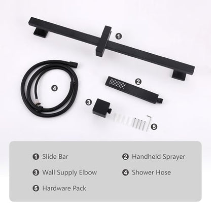 Bathroom Shower Slide Bar with Hand Shower Combo Set, 26.5 Inch Sliding Bar with Extr Long Shower Hose and Stainless Steel Wall Supply Eibow, Matte Black