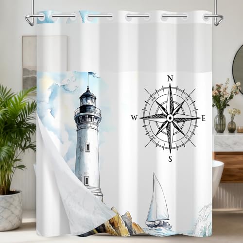No Hook Waterproof Shower Curtains, Snap-in Shower Curtain Liner with Weighted Hem & Top Window, Nautical Shower Curtain for Bathroom, Hotel and Gym, 71x74 Inches - color: Coastal Lighthouse