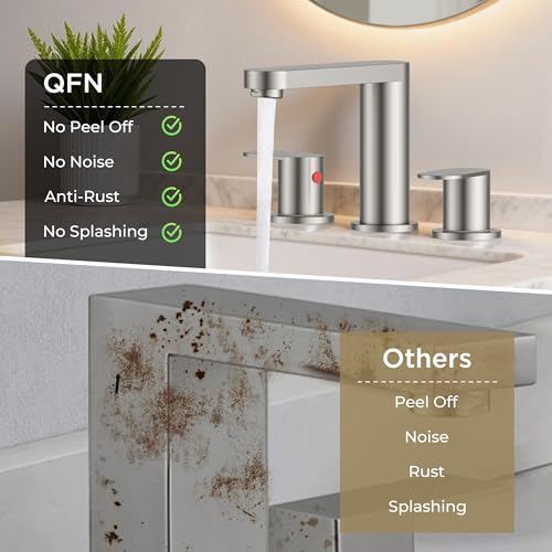 QFN Bathroom Faucet 3 Hole 8" Widespread Vanity Sink Faucet Brushed Nickel | 304 Stainless Steel Bathroom Sink Faucet with Pop-up Drain, 6-12 Inch 3 Hole Install, for RV Laundry Farmhouse Restroom Sink - color: Brushed Nickel, style: Round