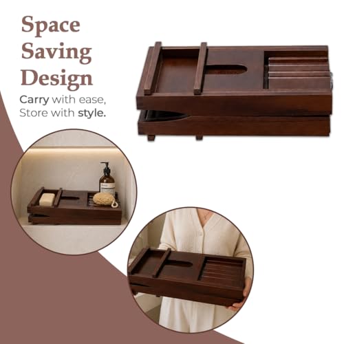 Expandable Teak Wood Bathtub Tray Caddy with Wine Glass Holder – Adjustable Luxury Wooden Bath Tub Tray Table for Spa, Book, Tablet & Bathroom Accessories