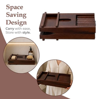 Expandable Teak Wood Bathtub Tray Caddy with Wine Glass Holder – Adjustable Luxury Wooden Bath Tub Tray Table for Spa, Book, Tablet & Bathroom Accessories