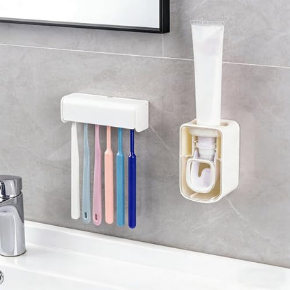 Toothbrush Holder Wall Mounted with Cover for Bathroom, 6 Slots Toothbrush Storage Organizer for Shower, Self Adhesive Toothbrush Hanger with Automatic Toothpaste Squeezer Dispenser (White) - size: Combination A