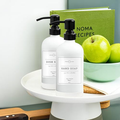 Vine Creations White Glass Soap Dispenser, 2 Pack Kitchen Soap Dispenser Set with Stainless Steel Pump, 16 oz Dish Soap and Hand Soap Dispensers for Bathroom with Waterproof Labels - color: Matte White Bottle / Matte Black Pump