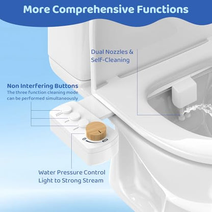 Bidet Attachment for Toilet Seat, Ultra Slim | Easy Control | Adjustable Water Pressure | Non-Electric Self-Cleaning Dual Nozzle | Cold Water Bidet for Frontal & Rear Wash, Bamboo Knob