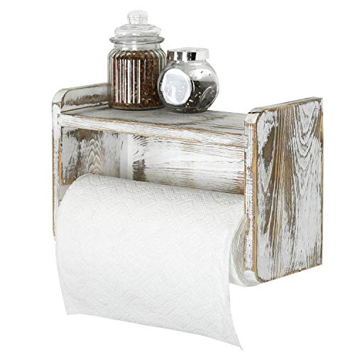 MyGift Farmhouse Paper Towel Holder Rack with Top Shelf, Whitewashed Wood | Wall-mounted design keeps paper towels within reach while the upper ledge offers space for seasonings, décor, or supplies - color: Whitewashed