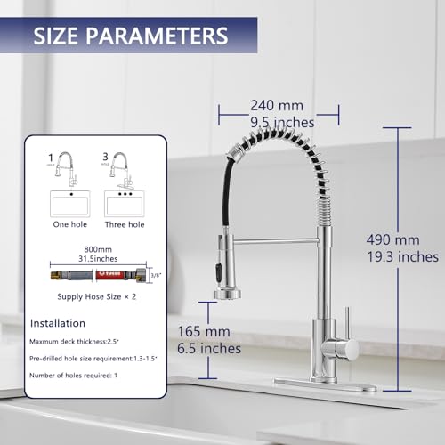 VOTON Chrome Kitchen Faucets with Pull Out Sprayer Commercial Spring Sink Faucet Stainless Steel Pull Down Single Handle Farmhouse faucets with Deck Plate for Camper Laundry Utility Rv Wet Bar - color: Chrome