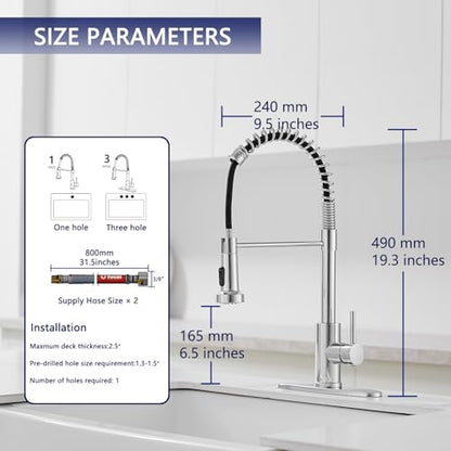 VOTON Chrome Kitchen Faucets with Pull Out Sprayer Commercial Spring Sink Faucet Stainless Steel Pull Down Single Handle Farmhouse faucets with Deck Plate for Camper Laundry Utility Rv Wet Bar - color: Chrome
