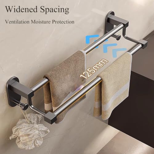 Stainless Steel Single/Double Towel Bar, Bathroom Waterproof Towel Rail | Drill Mount Towels Holder with Hooks, 30-70CM/11.8-27.5in Wall Mount for Kitchen and Bathroom(Gray B,60cm/23.6in) - color: Gray B, size: 60cm/23.6in