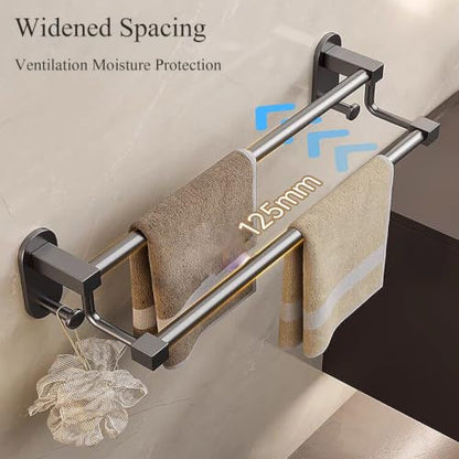 Stainless Steel Single/Double Towel Bar, Bathroom Waterproof Towel Rail | Drill Mount Towels Holder with Hooks, 30-70CM/11.8-27.5in Wall Mount for Kitchen and Bathroom(Gray B,60cm/23.6in) - color: Gray B, size: 60cm/23.6in