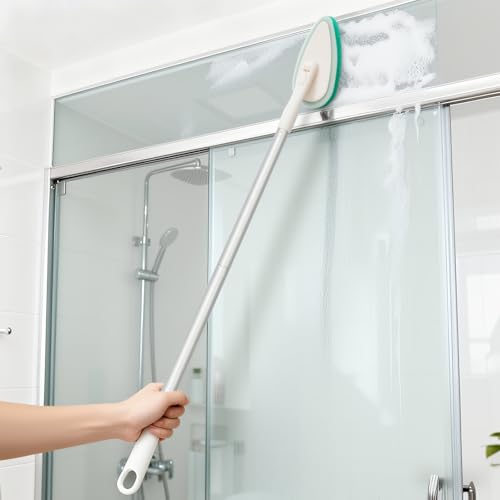Qaestfy 4-in-1 Tub and Tile Shower Scrubber, 51'' Bathtub Cleaning Brush with Long Handle, Soft & Stiff Bristles Bathroom Scrub Brush, Non-Scratch Shower Cleaner Brush for Cleaning