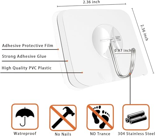 Adhesive Wall Hooks for Hanging Heavy Duty Towel Coat Hooks | Waterproof Transparent Hook for Bathroom Shower Kitchen Keys Door Outdoor Home Improvement Utility Hook 10 Pack - size: Medium Hooks - 10 Pcs