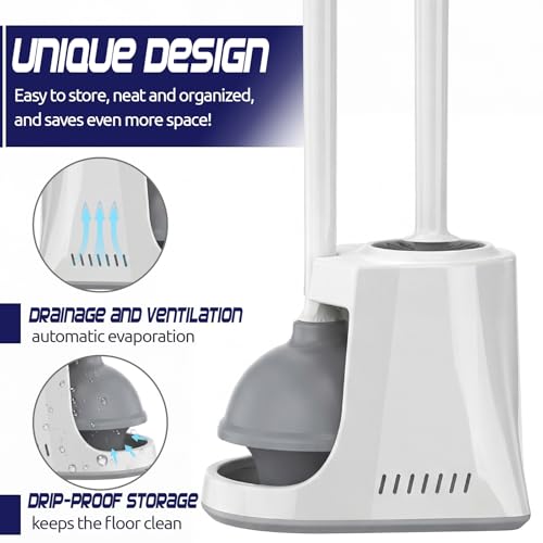 Reallnaive 4 Set Toilet Plunger and Brush Set with Ventilated Holder 2 in 1 Toilet Bowl Brush and Heavy Duty Plunger Combo Bathroom Cleaning Kit for Home and Commercial Bathrooms Drainage(White) - color: White