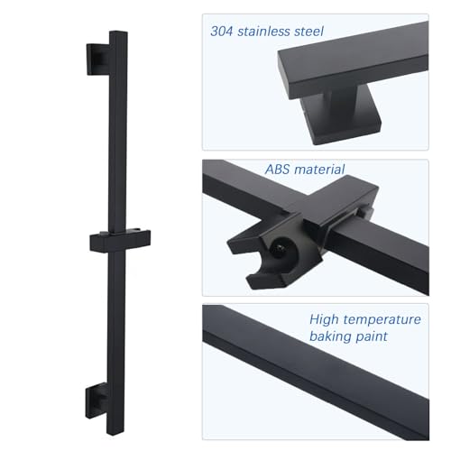 Bathroom Shower Slide Bar,26 Inch Square Slide Bar | with Height/Angle Adjustable Handheld Shower Head Holder Wall Mount , SUS 304 Stainless Steel (Matter Black)