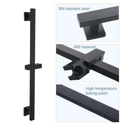 Bathroom Shower Slide Bar,26 Inch Square Slide Bar | with Height/Angle Adjustable Handheld Shower Head Holder Wall Mount , SUS 304 Stainless Steel (Matter Black)