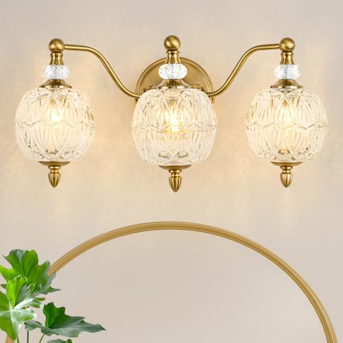 Vintage Bathroom Vanity Light, 3-Light Mid Century Brushed Gold Finish Wall Sconce with Globe Glass Shades, Retro Mirror Light for Bathroom, Powder Room - color: Gold, size: 3 Light