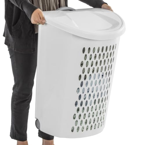 White Wheeled Plastic Laundry Hamper 75L – Adult-Sized Rolling Basket With Handles For Home & Dorms - size: 75L