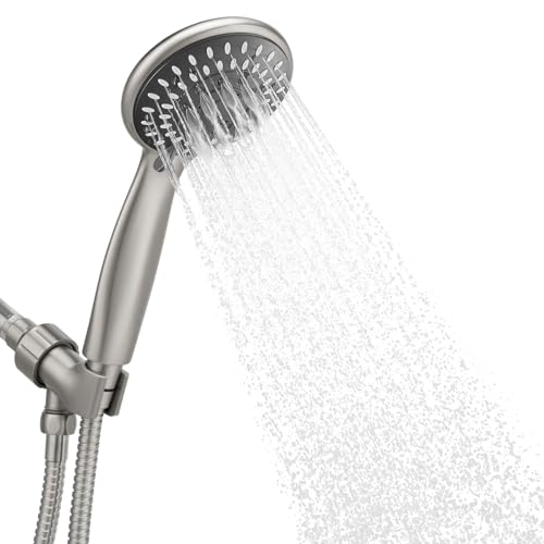 Handheld Shower Head High Pressure 5-Settings with Hose, Matte Black | Powerful Water Spray, Against Low Pressure Water Flow, 59 Inch Stainless Hose, Adjustable Mount - color: Brushed Nickel