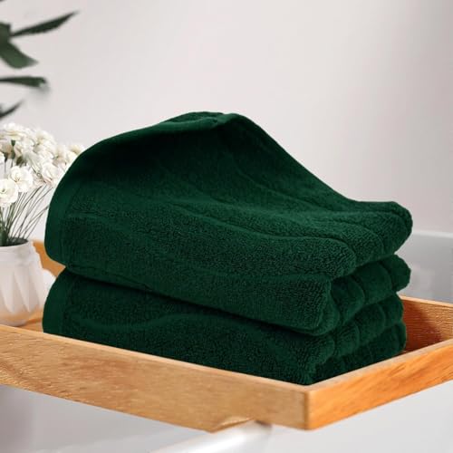 2-Piece Hand Towels Set in Forest Green, Wavy Striped Jacquard Towels | for Bathroom Kitchen (13x29 Inches, Cotton) - color: Forest Green