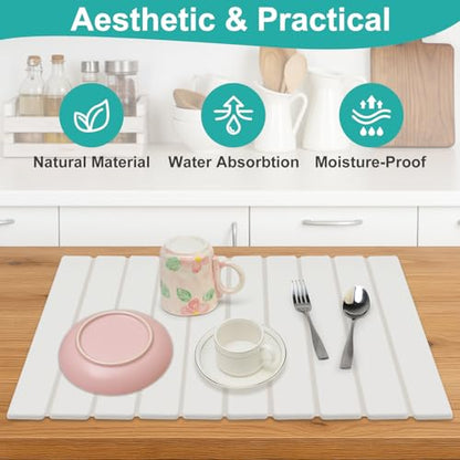 3 Pcs Large Stone Dish Drying Mat Kitchen Sink Counter Diatomite Dish Pad | Diatomaceous Earth Mats for Kitchen Countertop Quick Fast Drying Stone Mat Absorbent Tray Dry Matt Soap Dishes Drainer Mat - color: White