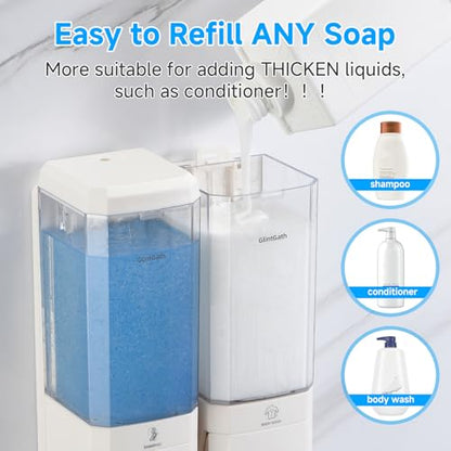Shampoo and Conditioner Dispenser,GlintGath Shower Dispenser 2 Chamber No Drill Shampoo Dispenser for Shower Wall Mounted Shower Soap Dispenser for Bathroom Hotel,Large Capacity 2 * 500ML,White - color: Clear White 2 Chamber