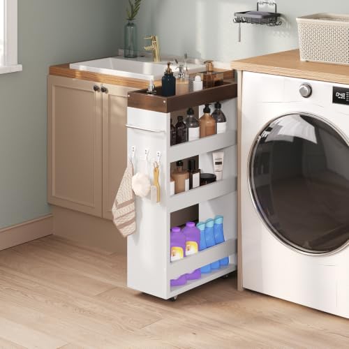 Slim Storage Cart, 4-Tier Rolling Utility Cart with Handle | Slide Out Organizer Trolley, Space Saving Narrow Shelf for Kitchen, Bathroom, Laundry Small Corners