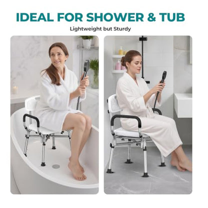 Shower Chair for Inside Shower with Arms & Back, 550 lbs, 6 Heights | Dual Crossbar Frame, Non-Slip Feet, 22-Inch EVA-Cushioned Seat, Showerhead Holder, Rust-Resistant Aluminum, Tool-Free Setup - color: White