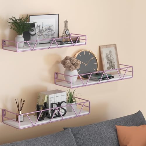 Floating Shelves Set of 3, Wood Wall Shelf, Farmhouse Shelf for Bedroom | Wall Mounted Floating Shelf for Living Room, Bedroom, Bathroom, Kitchen, Office - color: Pink
