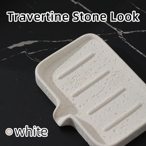 Soap Dish, Bar Soap Holder, Travertine Stone Look, Off White | Self Draining,Sponge Holders Tray for Shower,for Dispenser,Scrubber,Bottle,Cup on Bathroom Kitchen Bathtub Sink or Counter - color: White
