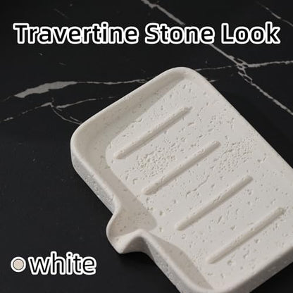 Soap Dish, Bar Soap Holder, Travertine Stone Look, Off White | Self Draining,Sponge Holders Tray for Shower,for Dispenser,Scrubber,Bottle,Cup on Bathroom Kitchen Bathtub Sink or Counter - color: White