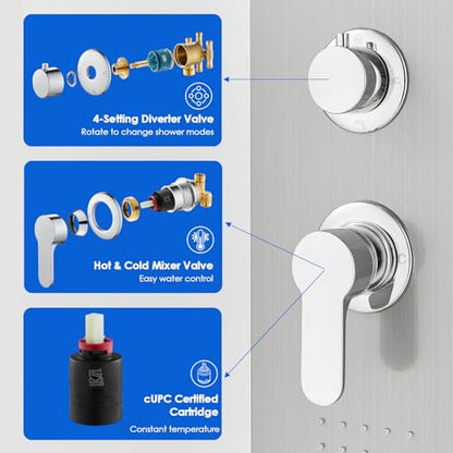 ROVOGO Shower Panel Tower System with 4 Shower Modes, 46.5", No Led Lights | Rain Shower Head, 2 Body Jets, Handheld and Tub Spout, Stainless Steel Shower Column w/ Brass Valves, cUPC Cartridge, Brushed - color: Brushed-no led