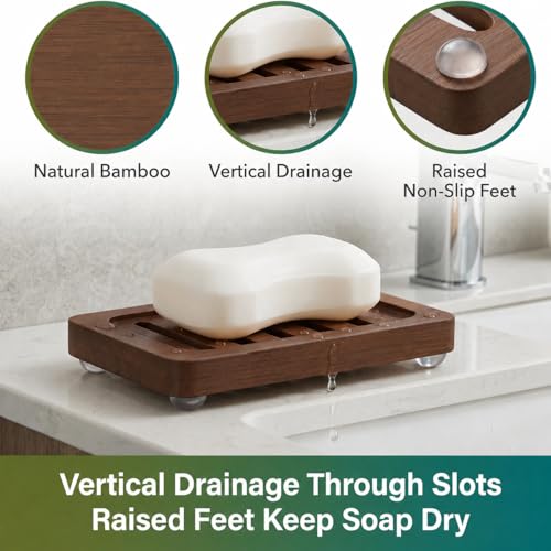 Wooden Soap Dish, Brown Bamboo Self-Draining Bathroom Tray, 2 Pack Slotted Design for Shower, Sink, Kitchen, Bathtub (Black Walnut) - color: Black Walnut