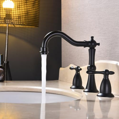Matte Black Antique Bathroom Faucet 3 Hole, Widespread Sink Faucet with Pop Up Drain and cUPC Supply Hose, Modern 2 Handle Black Faucet for Bathroom Sink JXM3073BK - color: Matte Black