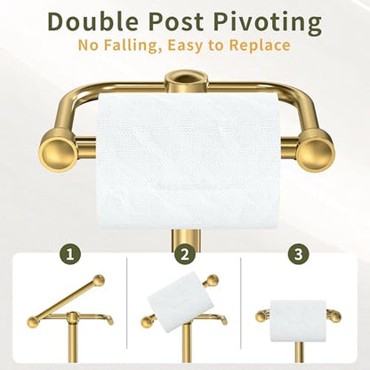 Toilet Paper Holder Stand, Modern Bathroom Free Standing Toilet Paper Roll Holder, Post Pivoting Toilet Paper Stand with Stainless Steel Tissue Rack, Rust-Proof & Heavy Stable Base（Brushed Gold） - color: Brushed Gold, size: Free Standing
