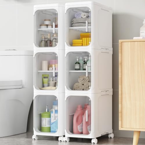 BROVIEW 6-Tier Narrow Storage Cabinet Organizer Slim Bathroom Cabinets, Adjustable Fridge & Vanity Gap Storage, White - color: White, size: 6-Tier-8.5"W