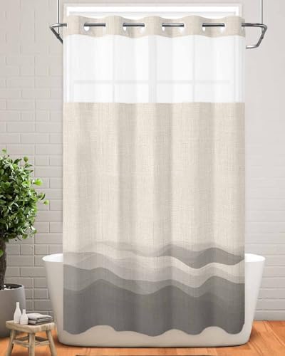 No Hook Shower Curtain and Snap in Liner Set, Grey Beige Ombre Bathroom Stall Shower Curtains 54x78 Inch, See Through Mesh Top Window, Minimalist Ocean Waves Linen Hotel Style, Washable Waterproof - size: 54"W x 78"L (Pack of 1)