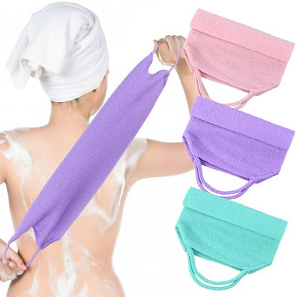 Exfoliating Washcloth with Handles, 3Pcs Back Exfoliator Body Scrub Towel | Easy to Foam, Double-Sided, Stretchable Back Washer for Shower for Women Men(Green, Pink, Purple)