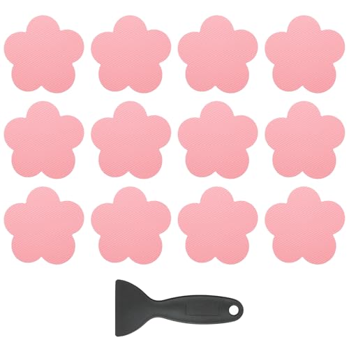PATIKIL 12 Pcs Non Slip Bathtub Stickers, Anti Slip Shower Stickers with Scraper Bathroom Shower Floor Decals Flower Shape Cute Treads Tubs, Pink - color: Pink