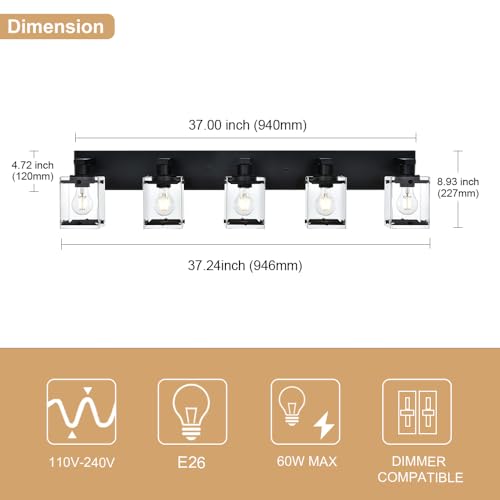 5-Light Modern Vanity Lighting, Black Bathroom Light Fixture Over Mirror with Rectangular Clear Glass,E26 Bulb Base - color: Black, Clear Glass, size: 5-Lights