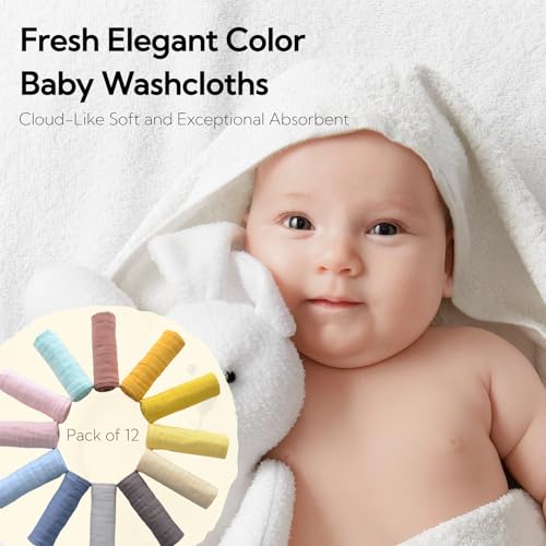 Colorful Baby Washcloths - Muslin Cotton Wash Cloths for Babies, Ultra Soft Newborn-Toddler-Infant-Child Washcloths Burp Cloths.12 Pack Face Bath Towels Reusable for Unisex Baby.