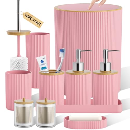 10PC Bathroom Accessories Set - Pink and Wooden Bathroom Sets, Bathroom Accessory Set with Pop Up Trash Can, Toilet Brush, Trash Can, Qtip Holder & Soap Dispenser - color: Pink & Wood, size: Bath Set