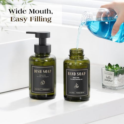 Luxspire Foaming Soap Dispenser 15oz Hand Soap Bottle, Olive Green, 2 Pack | Anti-drip pump, wide mouth easy refill, non-slip silicone base, 7 waterproof labels, bathroom and kitchen sink use - color: Olive Green