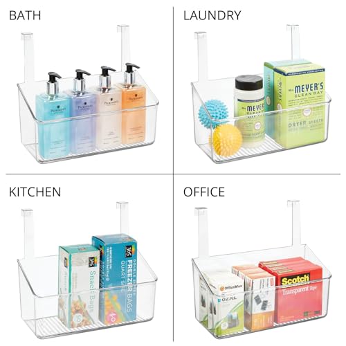 mDesign Plastic Over Cabinet Door Storage Organizer Bin for Kitchen, Pantry, Bathroom, Laundry, Utility Room - Hang Outside or Inside Door - Holds Lunch Bags, Shampoo, Cleaning Supplies, Large - Clear