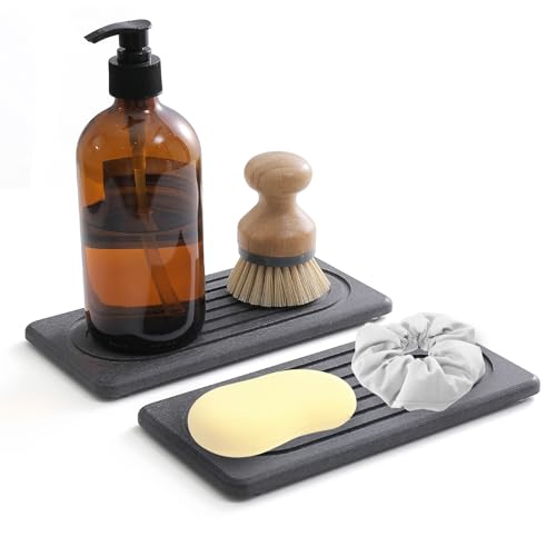 2 PCS Water Absorbing Stone Tray, Quick Drying Diatomite Sink Tray, Non-Slip Drying Mat for Bathroom Vanity & Kitchen Counter, Soap Dispenser Sponge Holder Organizer, White 8.3x4 Inch (Black) - color: Black