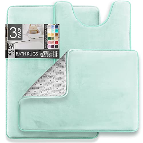 Clara Clark 3 Piece Bathroom Rugs Bath Mat Set, Velvet Memory Foam Bath Mats for Bathroom - Non-Slip, PVC Backing Bath Rugs, Washable - Dries Quickly, Blue - color: Light Blue