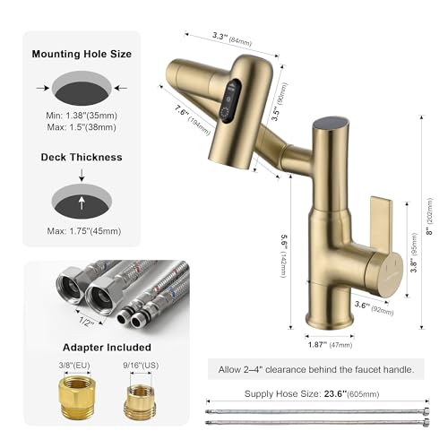Rotatable Bathroom Faucet with Temperature Display in Fahrenheit (Batteries-Free), 3 Water Outlet Modes, Brushed Gold - color: Gold